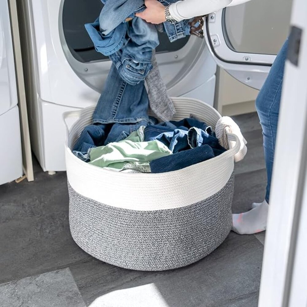 Large Cotton Rope Storage Basket | 24" x 24" x 17" | White with Gray Stitching